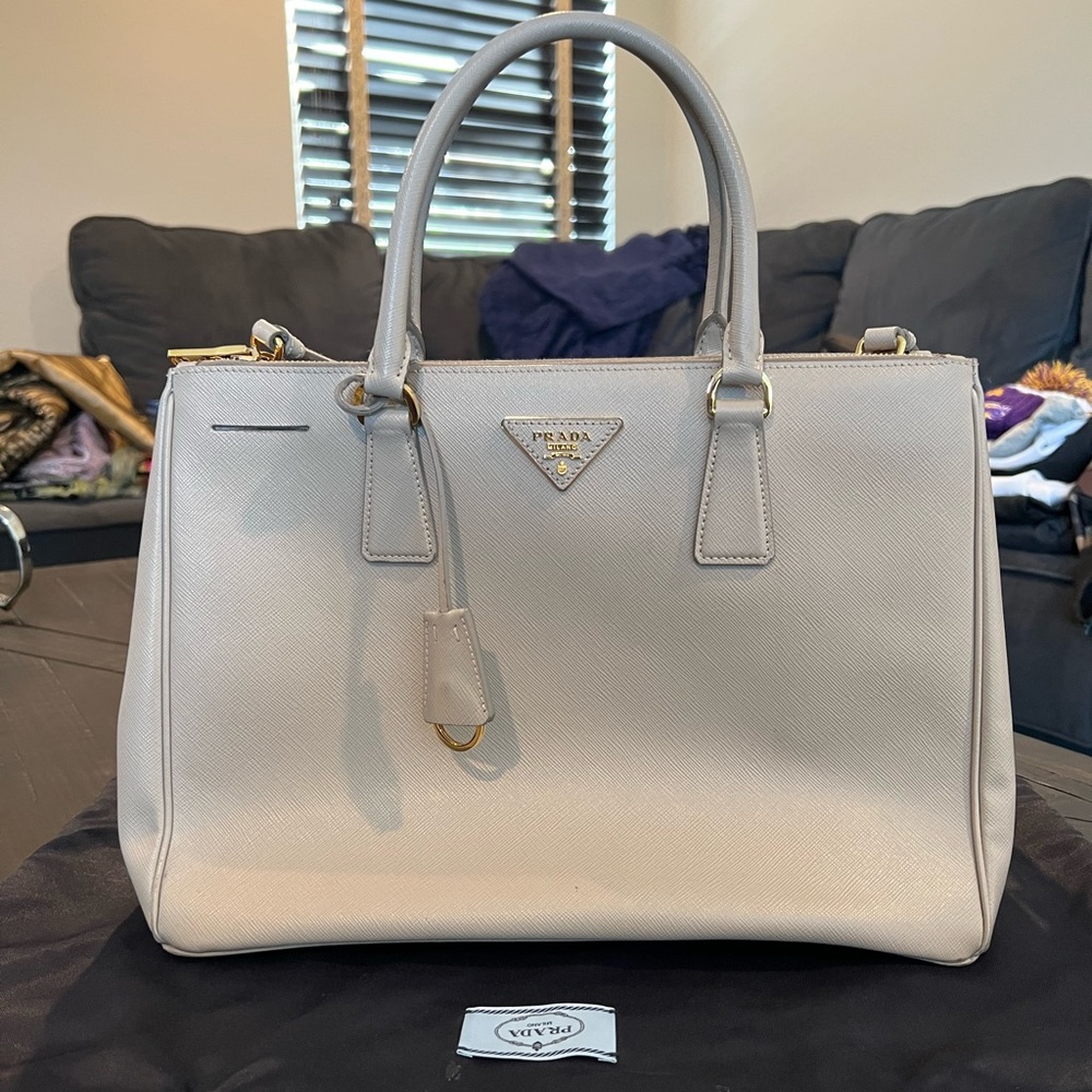 Prada Galleria Double Zip Tote Purse Bag Saffiano Leather Medium Grey Beige